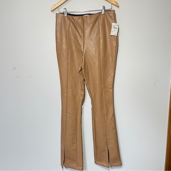 AFRM Pants - AFRM Los Angeles Tan Faux Leather Front Slit Flare Pants Women’s size large, NWT